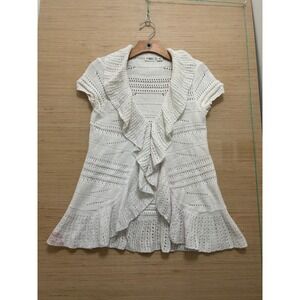 Cato Womens White Pointelle Ruffle Open Front Short Sleeve Cardigan Sweater S